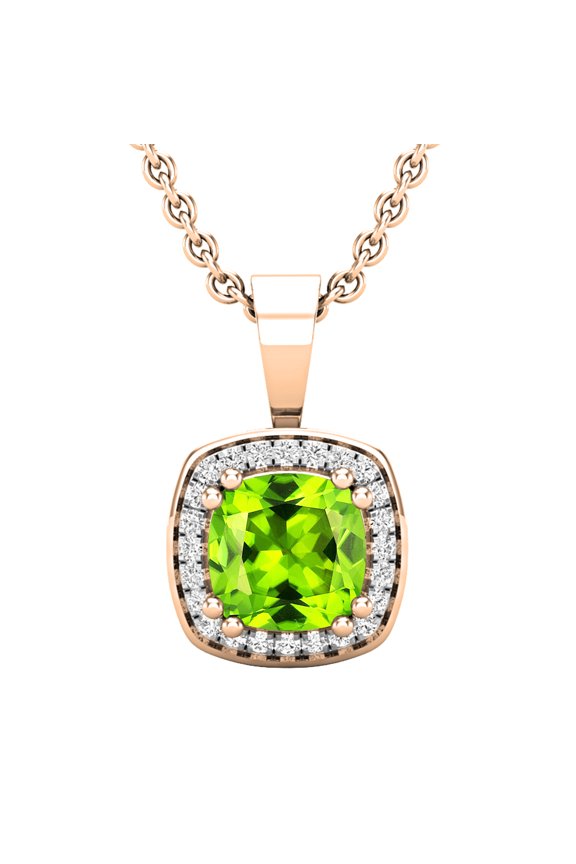 Collection 6mm Cushion Peridot & 0.10 CT Round White Diamond Dainty Halo Pendant with 18 inch Gold Chain for Women in 14K Rose Gold