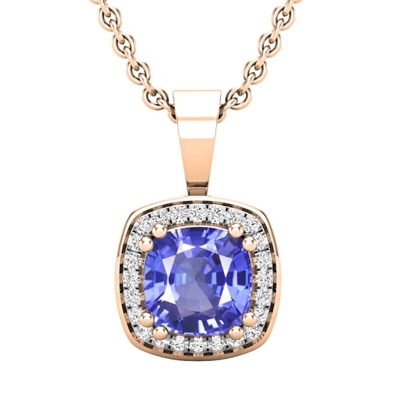 Dazzlingrock Collection 6mm Cushion Tanzanite & 0.10 CT Round White Diamond Dainty Halo Pendant with 18 inch Gold Chain for Women in 14K Rose Gold