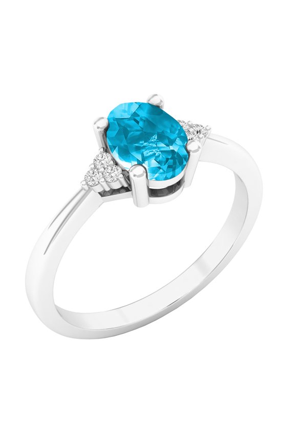 Collection 7X5 mm Oval Blue Topaz & Round White Diamond Beautiful Promise Ring for Her | 925 Sterling Silver, Size 7