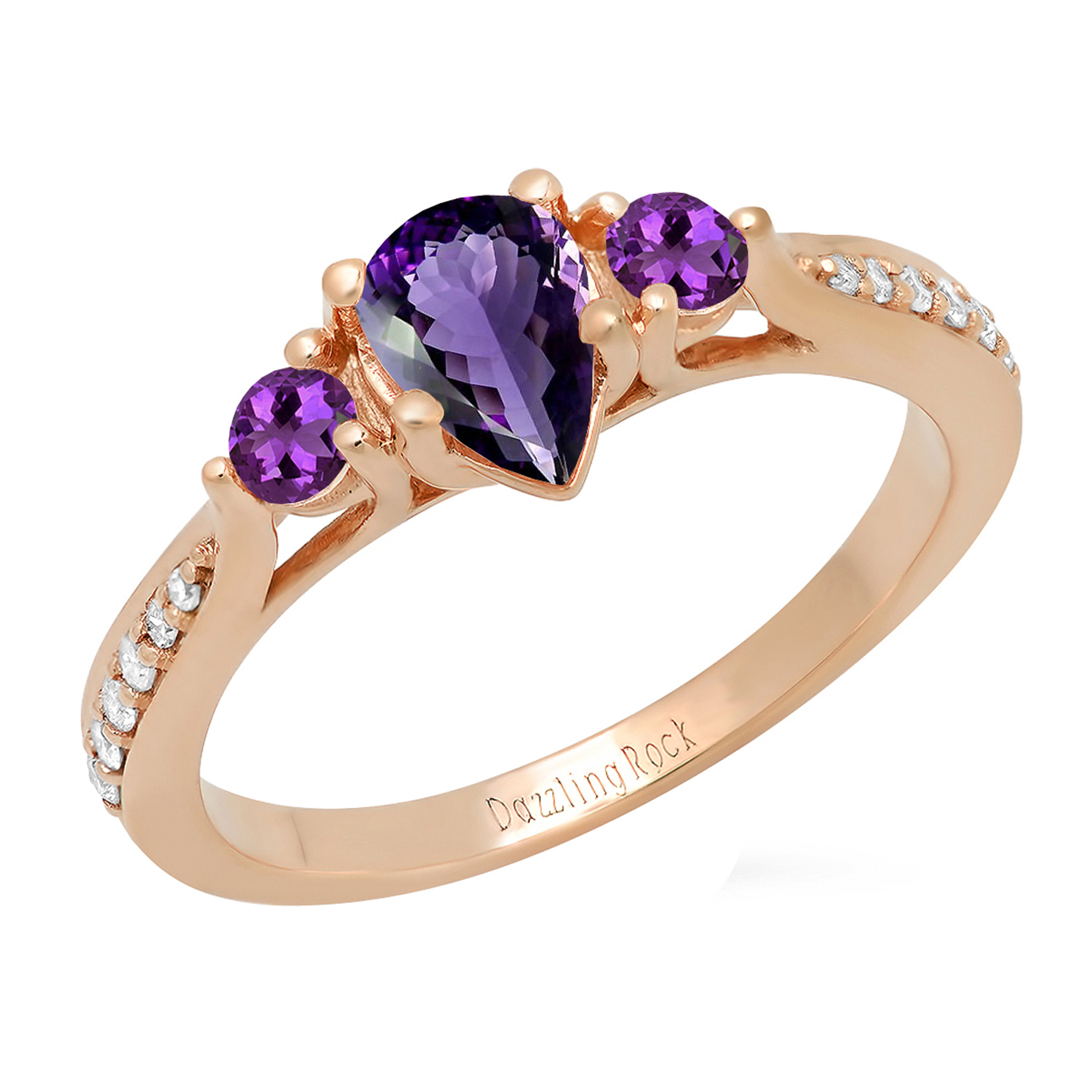 Dazzlingrock Collection 7X5MM Pear Amethyst & Round White Diamond 3 Stone Teardrop Engagement Ring for Women (0.10 ctw, Color I-J, Clarity I1-I2) in 18K Rose Gold, Size 8.5