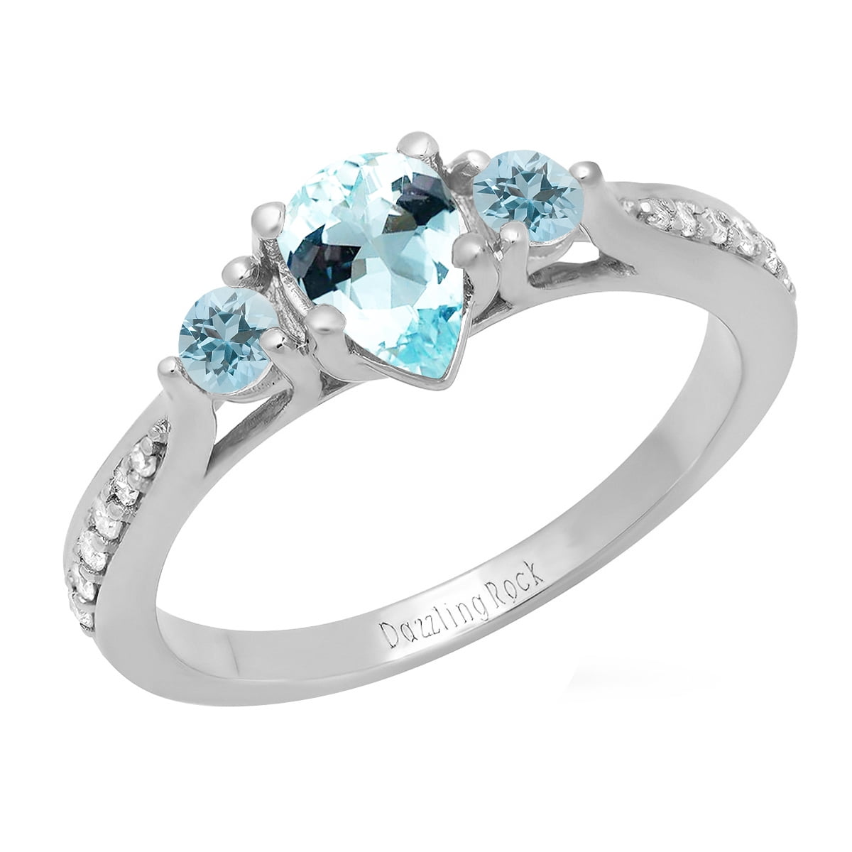 Dazzlingrock Collection 7X5MM Pear Aquamarine & Round White Diamond 3 Stone Teardrop Engagement Ring for Women (0.10 ctw, Color I-J, Clarity I1-I2) in 18K White Gold, Size 7.5