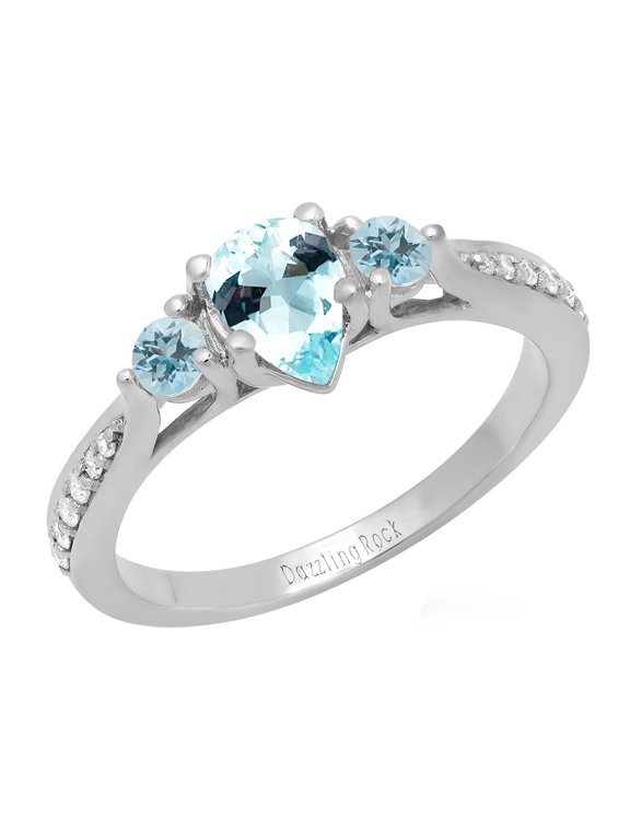 Collection 7X5MM Pear Aquamarine & Round White Diamond 3 Stone Teardrop Engagement Ring for Women (0.10 ctw, Color I-J, Clarity I1-I2) in 18K White Gold, Size 4