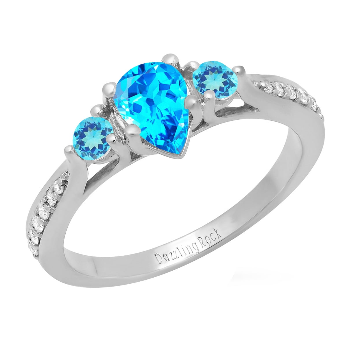 Dazzlingrock Collection 7X5MM Pear Blue Topaz & Round White Diamond 3 Stone Teardrop Engagement Ring for Women (0.10 ctw, Color I-J, Clarity I1-I2) in 18K White Gold, Size 7.5