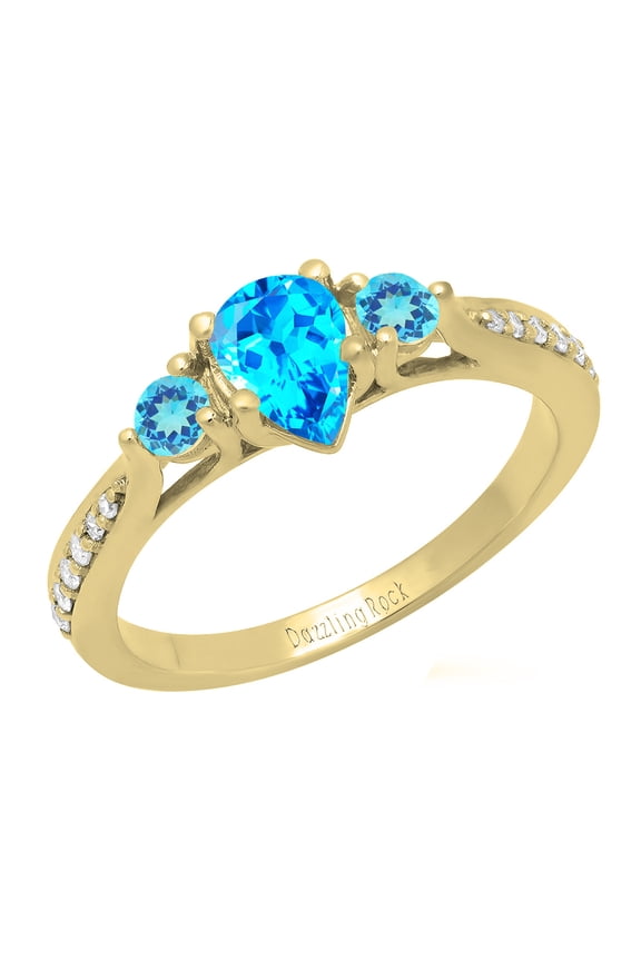 Collection 7X5MM Pear Blue Topaz & Round White Diamond 3 Stone Teardrop Engagement Ring for Women (0.10 ctw, Color I-J, Clarity I2-I3) in 10K Yellow Gold, Size 7