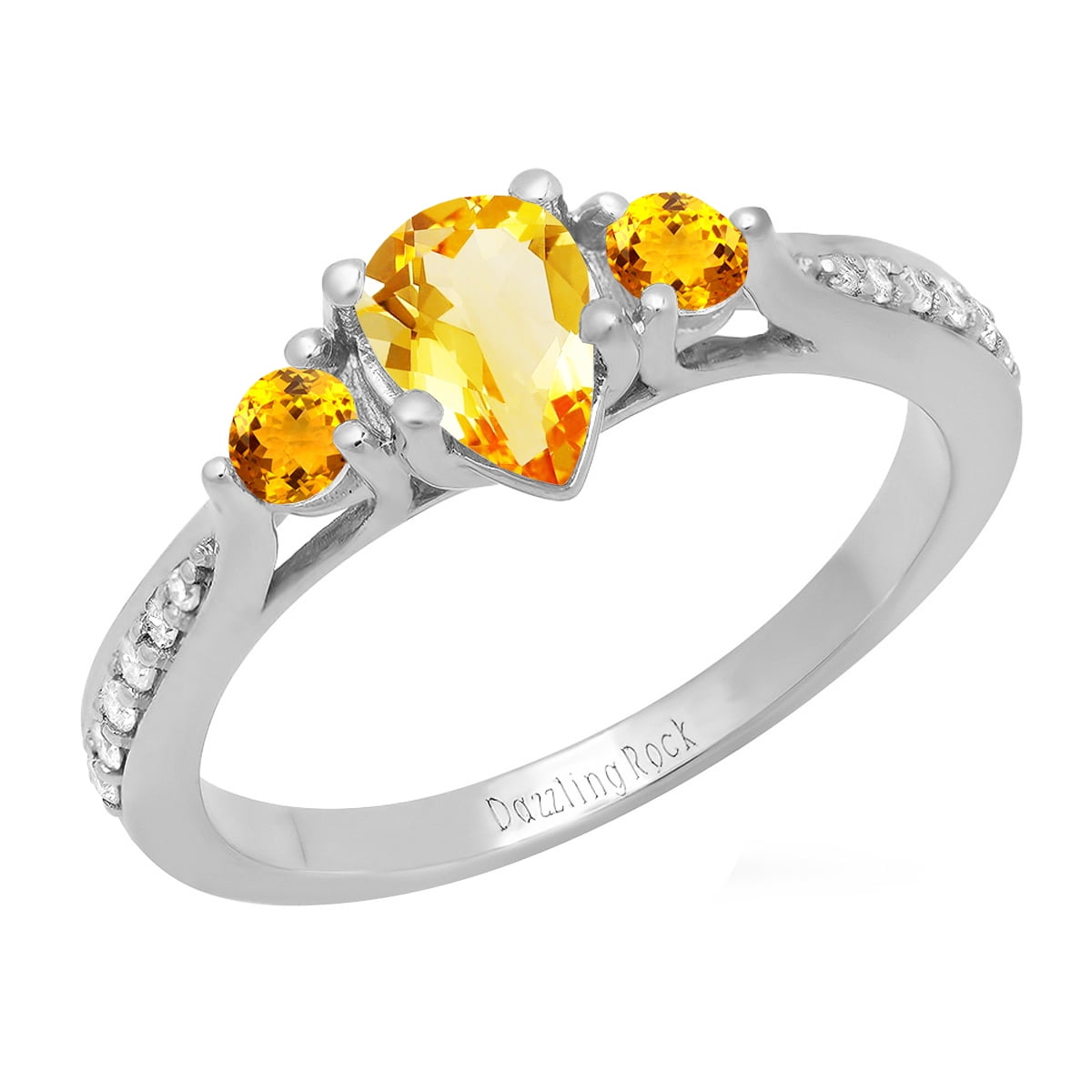 Dazzlingrock Collection 7X5MM Pear Citrine & Round White Diamond 3 Stone Teardrop Engagement Ring for Women (0.10 ctw, Color I-J, Clarity I1-I2) in 18K White Gold, Size 8.5