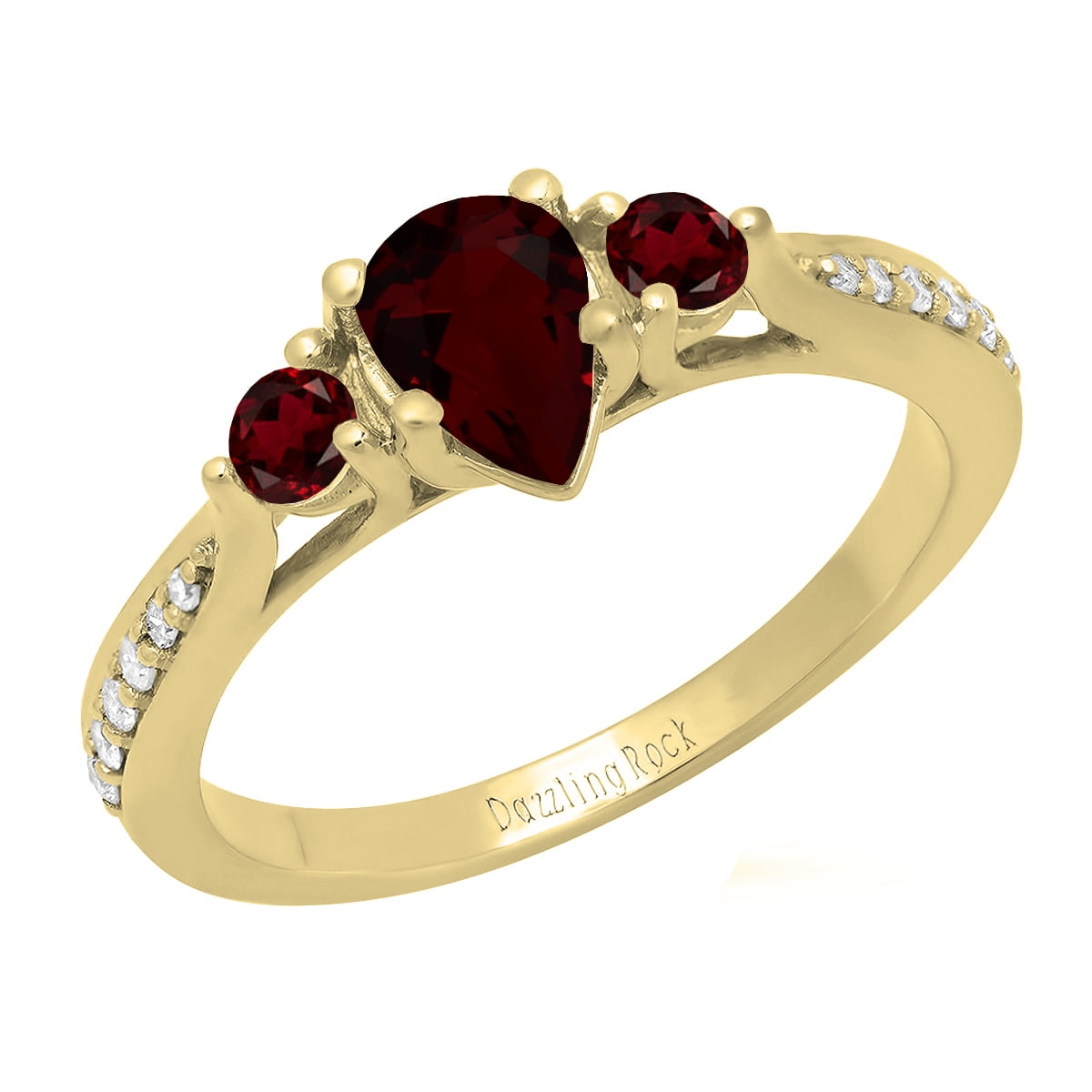 Dazzlingrock Collection 7X5MM Pear Garnet & Round White Diamond 3 Stone Teardrop Engagement Ring for Women (0.10 ctw, Color I-J, Clarity I1-I2) in 18K Yellow Gold, Size 7