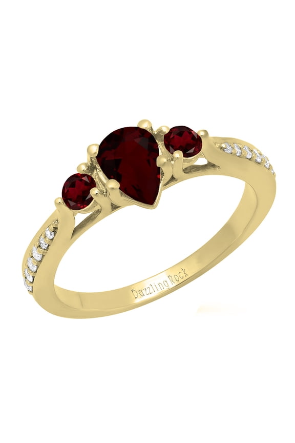 Collection 7X5MM Pear Garnet & Round White Diamond 3 Stone Teardrop Engagement Ring for Women (0.10 ctw, Color I-J, Clarity I1-I2) in 18K Yellow Gold, Size 4