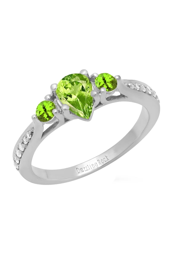 Collection 7X5MM Pear Peridot & Round White Diamond 3 Stone Teardrop Engagement Ring for Women (0.10 ctw, Color I-J, Clarity I1-I2) in 18K White Gold, Size 5.5