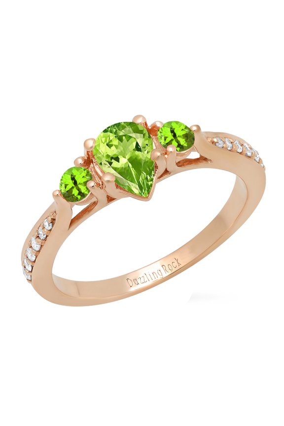 Collection 7X5MM Pear Peridot & Round White Diamond 3 Stone Teardrop Engagement Ring for Women (0.10 ctw, Color I-J, Clarity I2-I3) in 10K Rose Gold, Size 10