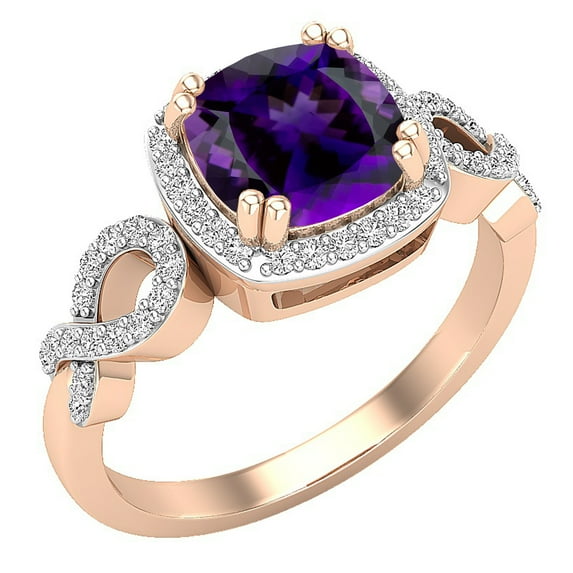 Dazzlingrock Collection 7mm Cushion Amethyst & Round White Diamond Halo Split Shank Engagement Ring for Women (0.25 ctw, Color I-J, Clarity I1-I2) in 14K Rose Gold, Size 8.5