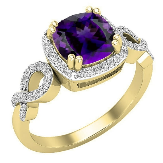 Dazzlingrock Collection 7mm Cushion Amethyst & Round White Diamond Halo Split Shank Engagement Ring for Women (0.25 ctw, Color I-J, Clarity I1-I2) in 14K Yellow Gold, Size 8
