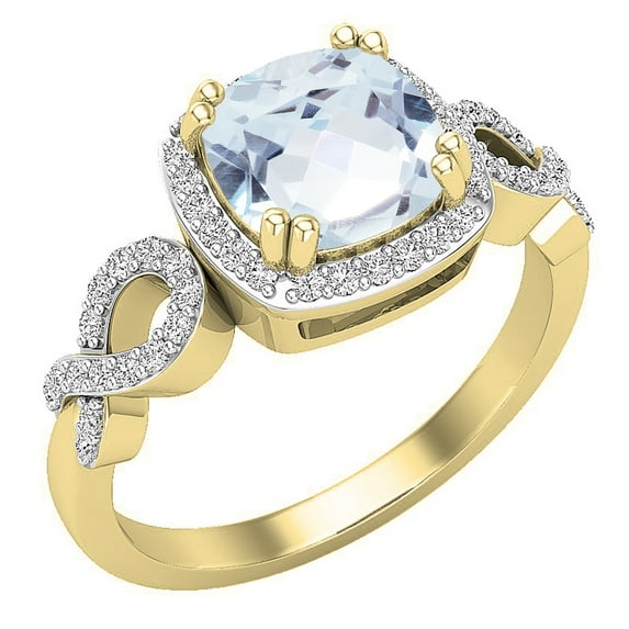 Dazzlingrock Collection 7mm Cushion Aquamarine & Round White Diamond Halo Split Shank Engagement Ring for Women (0.25 ctw, Color I-J, Clarity I1-I2) in 18K Yellow Gold, Size 9