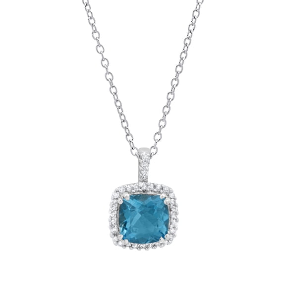 Dazzlingrock Collection 7mm Cushion Blue Topaz & Round White Diamond Halo Pendant for Women (0.11 ctw, Color I-J, Clarity I2-I3) in 10K White Gold
