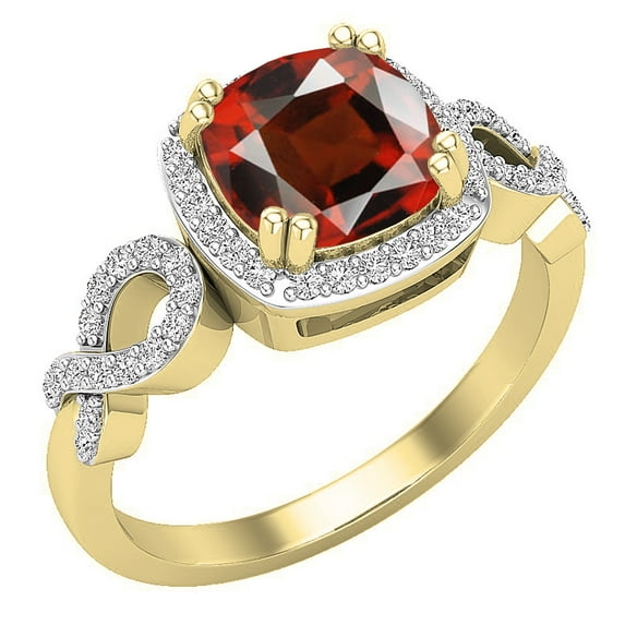 Dazzlingrock Collection 7mm Cushion Garnet & Round White Diamond Halo Split Shank Engagement Ring for Women (0.25 ctw, Color I-J, Clarity I1-I2) in 14K Yellow Gold, Size 7