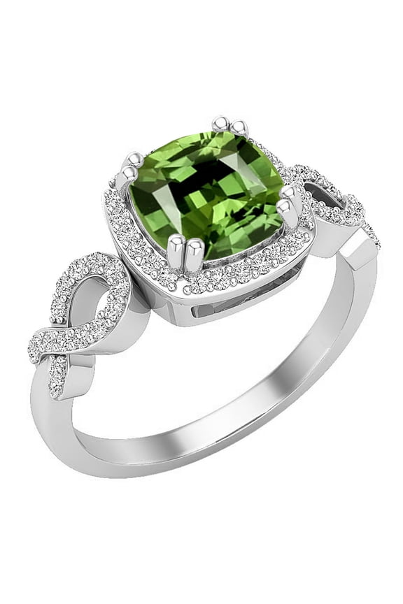 Collection 7mm Cushion Peridot & Round White Diamond Halo Split Shank Engagement Ring for Women (0.25 ctw, Color I-J, Clarity I1-I2) in 14K White Gold, Size 9