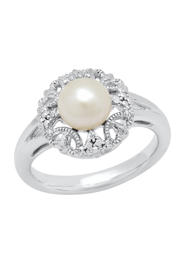 Collection 7mm Round White Freshwater Pearl and Accent White Diamond Milgrain Floral Engagement Ring for Women in 925 Sterling Silver, Size 7