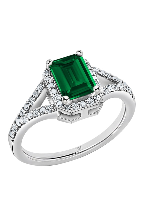 Collection 7x5mm Emerald Cut Lab Created Emerald & Round White Diamond Halo Split Shank Engagement Ring for Women in 10K Solid White Gold Size 6.5