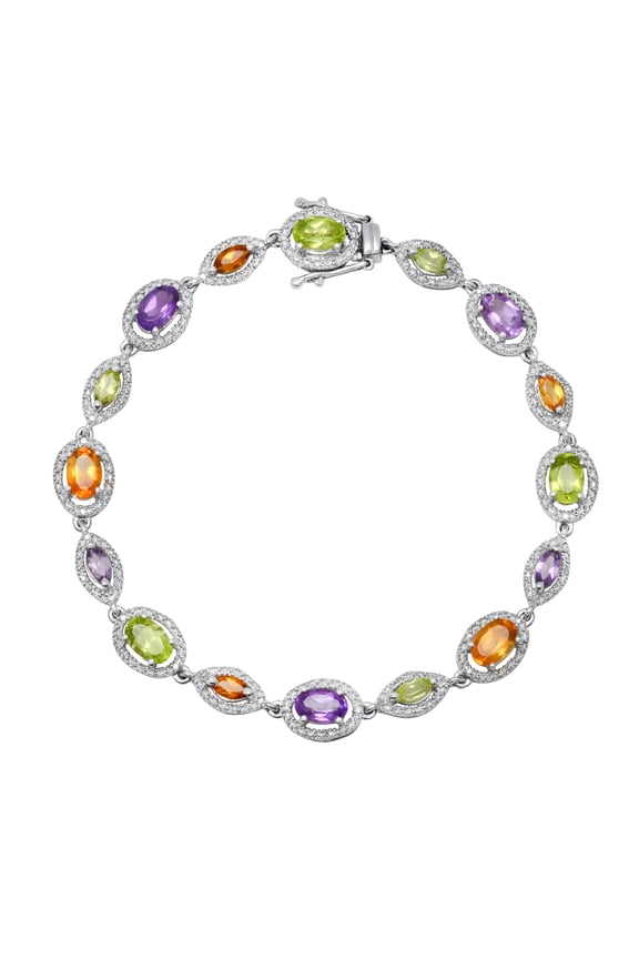 Collection 8 mm & 6X4 mm Oval & Marquise Amethyst, Citrine, Peridot with Round Diamond Accents Ladies Multi Stone Tennis Bracelet, Sterling Silver