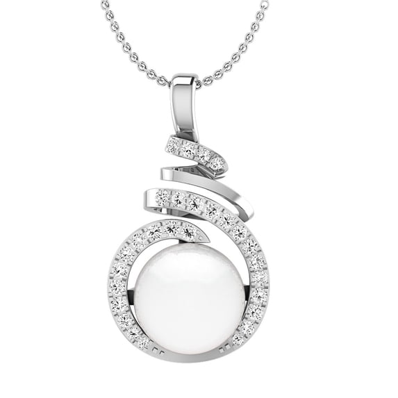 Dazzlingrock Collection 8 mm Round Freshwater Pearl & White Diamond Elegant Swirl Pendant for Women with 18 Inch Gold Chain in 18K White Gold