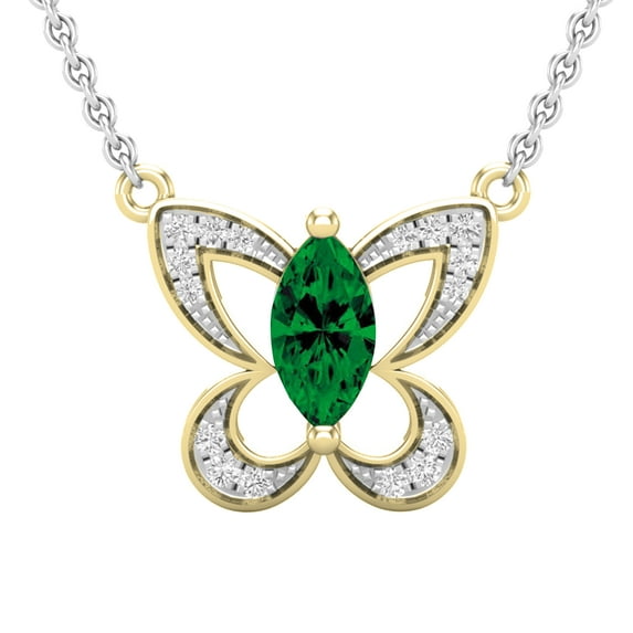 Dazzlingrock Collection 8X4mmMarquise Lab Created Emerald & Round Natural White Diamond Butterfly Pendant with 18 Inch Gold Chain for Women in 10K Yellow Gold