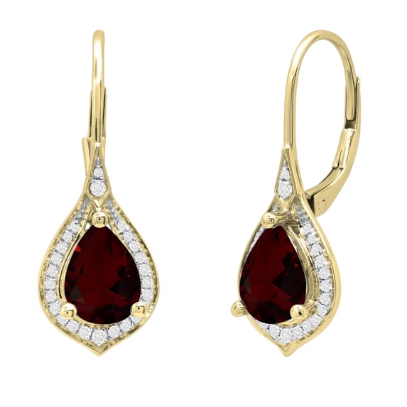 Dazzlingrock Collection 8X6mm Pear Garnet & Round White Diamond Halo Style Teardrop Dangling Drop Earrings for Women (0.15 ctw, Color I-J, Clarity I1-I2) in 14K Yellow Gold