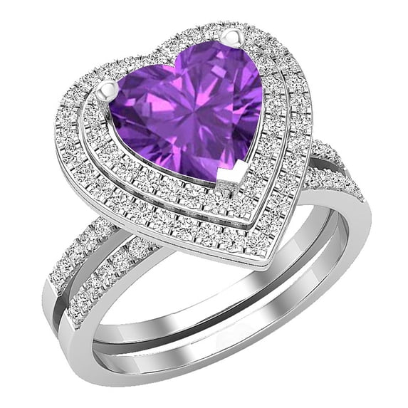Dazzlingrock Collection 8mm Heart Amethyst & Round White Diamond Double Halo Engagement Ring Set for Women (0.65 ctw, Color I-J, Color I1-I2) in 14K White Gold, Size 9
