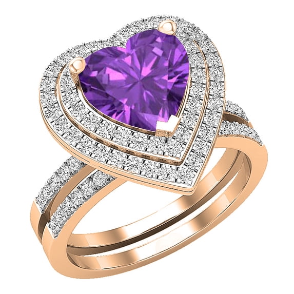 Dazzlingrock Collection 8mm Heart Amethyst & Round White Diamond Double Halo Engagement Ring Set for Women (0.65 ctw, Color I-J, Color I2-I3) in 10K Rose Gold, Size 10