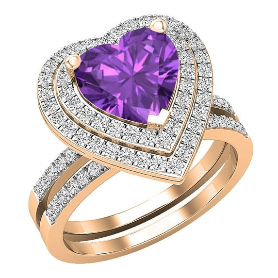 Dazzlingrock Collection 8mm Heart Amethyst & Round White Diamond Double Halo Engagement Ring Set for Women (0.65 ctw, Color I-J, Color I2-I3) in 10K Rose Gold, Size 9.5