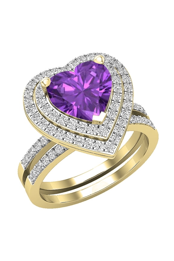 Collection 8mm Heart Amethyst & Round White Diamond Double Halo Engagement Ring Set for Women (0.65 ctw, Color I-J, Color I2-I3) in 10K Yellow Gold, Size 7