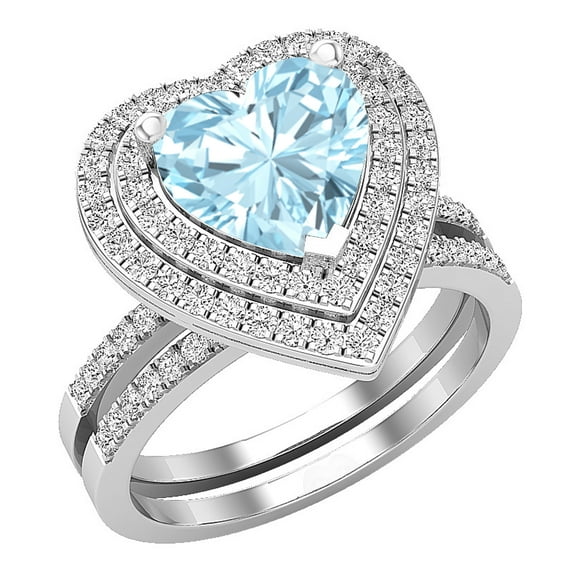 Dazzlingrock Collection 8mm Heart Aquamarine & Round White Diamond Double Halo Engagement Ring Set for Women (0.65 ctw, Color I-J, Color I1-I2) in 18K White Gold, Size 7.5
