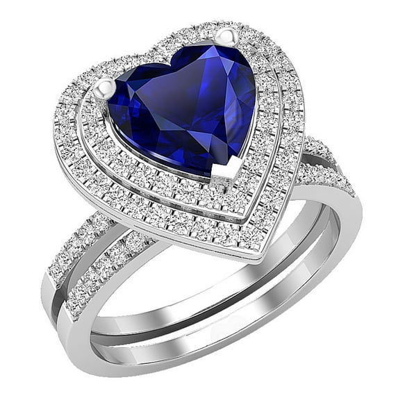 Dazzlingrock Collection 8mm Heart Blue Sapphire & Round White Diamond Double Halo Engagement Ring Set for Women (0.65 ctw, Color I-J, Color I1-I2) in 18K White Gold, Size 6