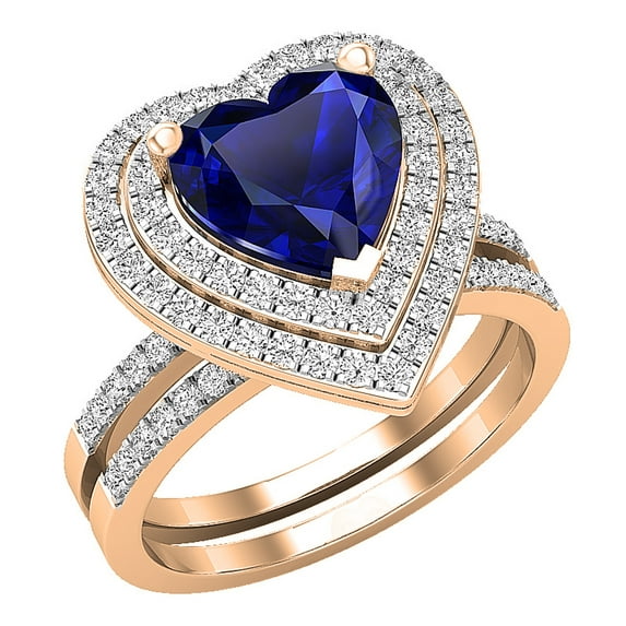 Dazzlingrock Collection 8mm Heart Blue Sapphire & Round White Diamond Double Halo Engagement Ring Set for Women (0.65 ctw, Color I-J, Color I2-I3) in 10K Rose Gold, Size 9.5