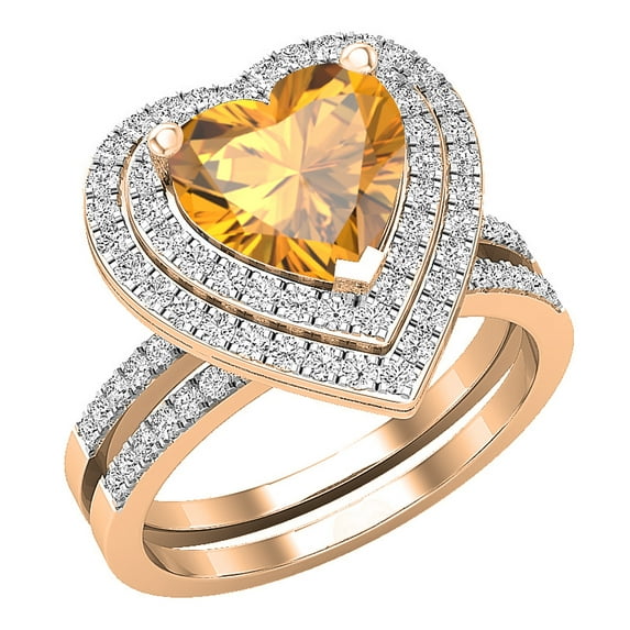 Dazzlingrock Collection 8mm Heart Citrine & Round White Diamond Double Halo Engagement Ring Set for Women (0.65 ctw, Color I-J, Color I2-I3) in 10K Rose Gold, Size 8