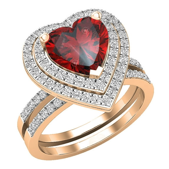 Dazzlingrock Collection 8mm Heart Garnet & Round White Diamond Double Halo Engagement Ring Set for Women (0.65 ctw, Color I-J, Color I1-I2) in 14K Rose Gold, Size 8
