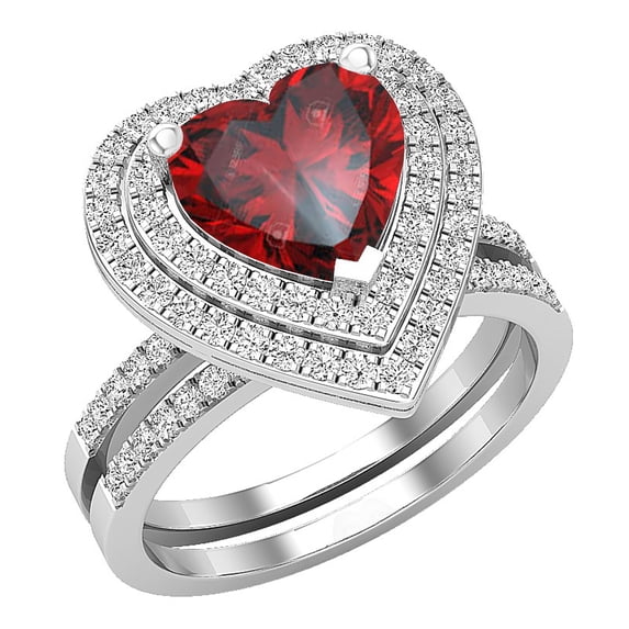 Dazzlingrock Collection 8mm Heart Garnet & Round White Diamond Double Halo Engagement Ring Set for Women (0.65 ctw, Color I-J, Color I2-I3) in 10K Sterling Silver, Size 8