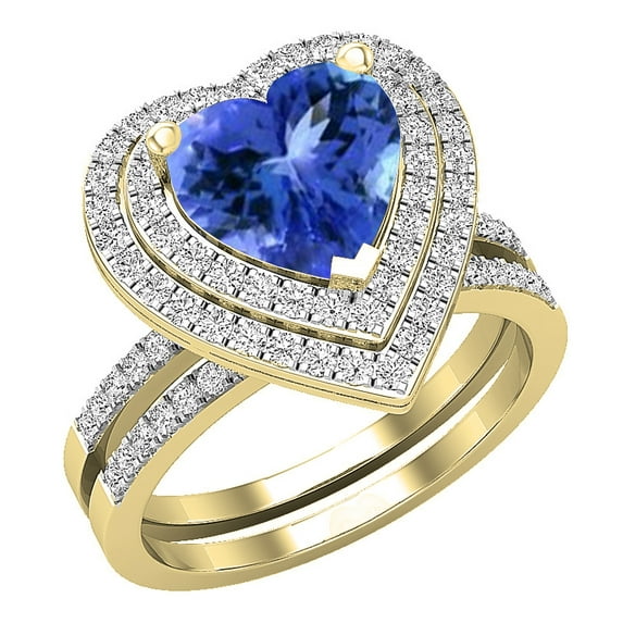 Dazzlingrock Collection 8mm Heart Tanzanite & Round White Diamond Double Halo Engagement Ring Set for Women (0.65 ctw, Color I-J, Color I1-I2) in 18K Yellow Gold, Size 4.5