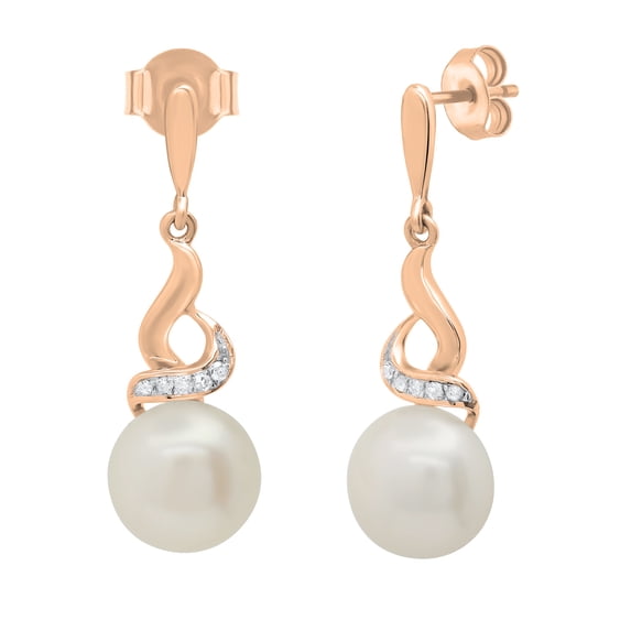 Dazzlingrock Collection 8mm Round Cultured Freshwater Pearl & Round White Diamond Twisted Swirl Pushback Dangle Drop Earrings for Women (0.06 ctw, Color I-J, Clarity I1-I2) in 14K Rose Gold