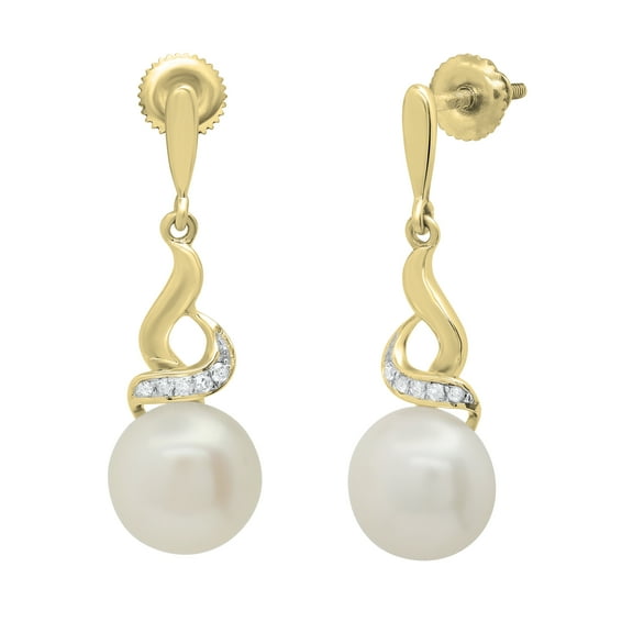 Dazzlingrock Collection 8mm Round Cultured Freshwater Pearl & Round White Diamond Twisted Swirl Screwback Dangle Drop Earrings for Women (0.06 ctw, Color I-J, Clarity I1-I2) in 14K Yellow Gold