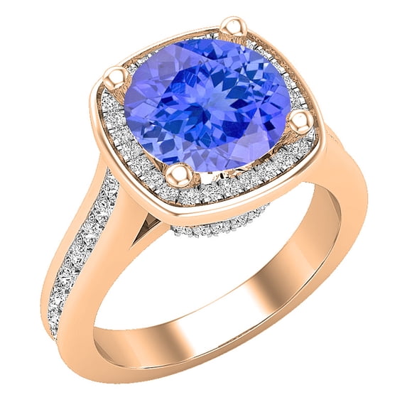 Dazzlingrock Collection 8mm Round Tanzanite & White Diamond with Princess Halo Style Engagement Ring for Women (0.75 ctw, Color I-J, Clarity I1-I2) in 18K Rose Gold, Size 10