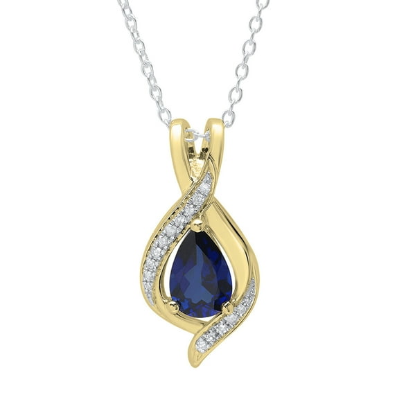 Dazzlingrock Collection 9X6mm Pear Lab Created Blue Sapphire & Round White Diamond Teardrop Pendant for Women with 18 Inch Silver Chain (0.10 ctw, Color I-J, Clarity I1-I2) in 18K Yellow Gold
