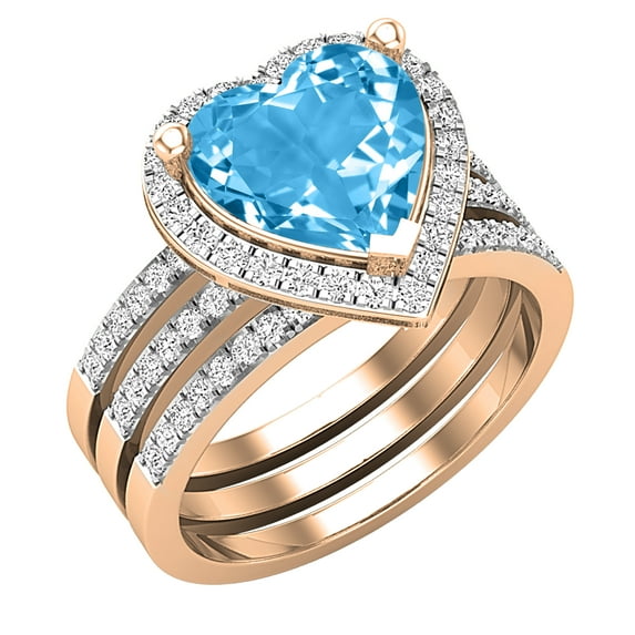 Dazzlingrock Collection 9mm Heart Shaped Center Blue Topaz with Round White Diamond Halo Style Engagement Ring Set for Women (0.63 ctw, Color I-J, Color I2-I3) in 10K Rose Gold, Size 8.5