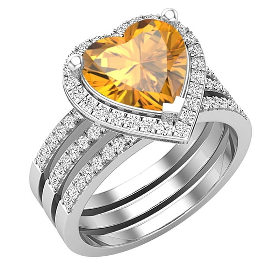 Dazzlingrock Collection 9mm Heart Shaped Center Citrine with Round White Diamond Halo Style Engagement Ring Set for Women (0.63 ctw, Color I-J, Color I1-I2) in 14K White Gold, Size 7