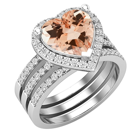 Dazzlingrock Collection 9mm Heart Shaped Center Morganite with Round White Diamond Halo Style Engagement Ring Set for Women (0.63 ctw, Color I-J, Color I2-I3) in 925 Sterling Silver, Size 10