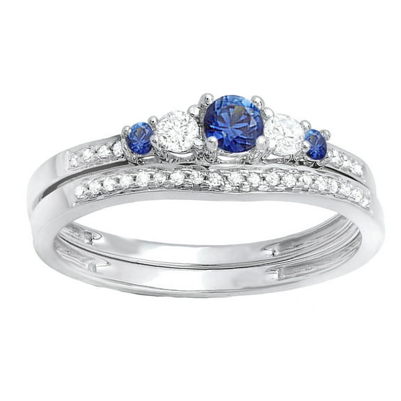 Dazzlingrock Collection Blue Sapphire & White Diamond Ladies 5 Stone Bridal Engagement Ring Set | 14K White Gold, Size 6.5