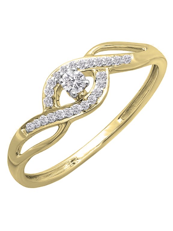 Collection IGI CERTIFIED Round White Diamond Criss Cross Engagement Bridal Promise Ring for Women (0.15 ctw, Color I-J, Clarity I2-I3) in 10K Yellow Gold, Size 7.5