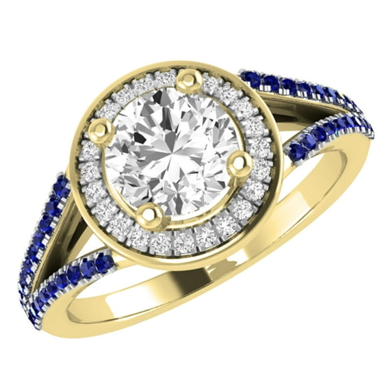 Dazzlingrock Collection IGI Certified 5.8mm Center & Side White Diamond Halo Style with Sided Blue Sapphire Shank Engagement Ring for Women in 18K Yellow Gold, Size 4.5