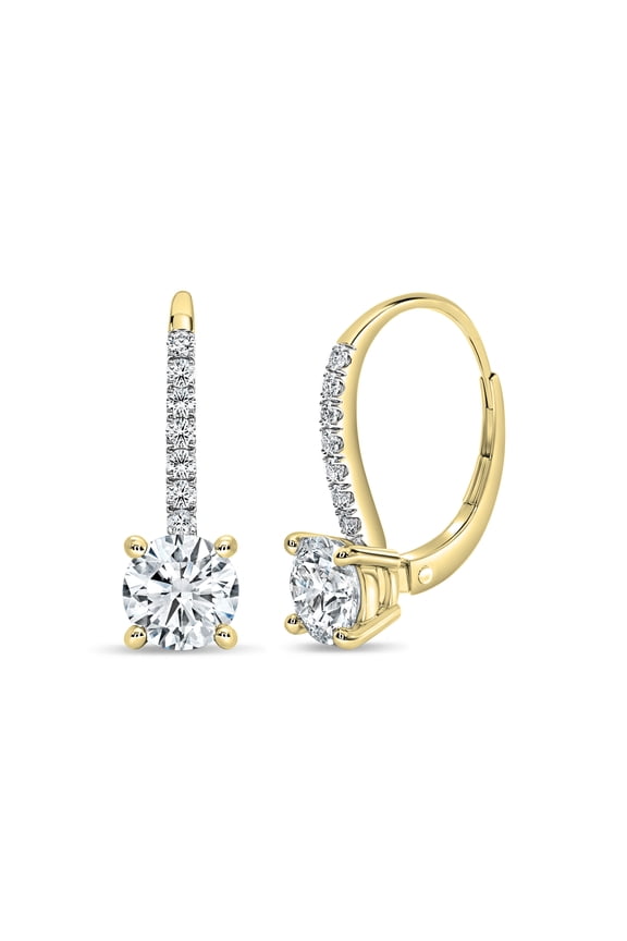 Collection IGI Certified Dainty Drop Lever Back Earrings for Women with a 2.20 ctw, Center (1.00 ct each) & Side (0.20 ct) Lab Grown White Diamond in 10K Solid Yellow Gold