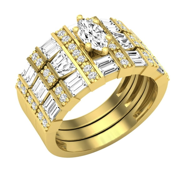 Dazzlingrock Collection Marquise, Baguette, Tapered & Round White Diamond Three Piece Bridal Engagement Ring Set for Women (1.70 ctw, Color I-J, Clarity I2-I3) in 10K Yellow Gold, Size 7.5