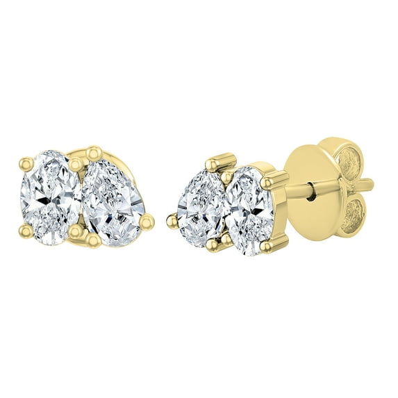 Dazzlingrock Collection Oval & Pear Lab Grown White Diamond 2 Stone Minimalist Stud Earrings for Women in 14K Solid Yellow Gold, Push Back