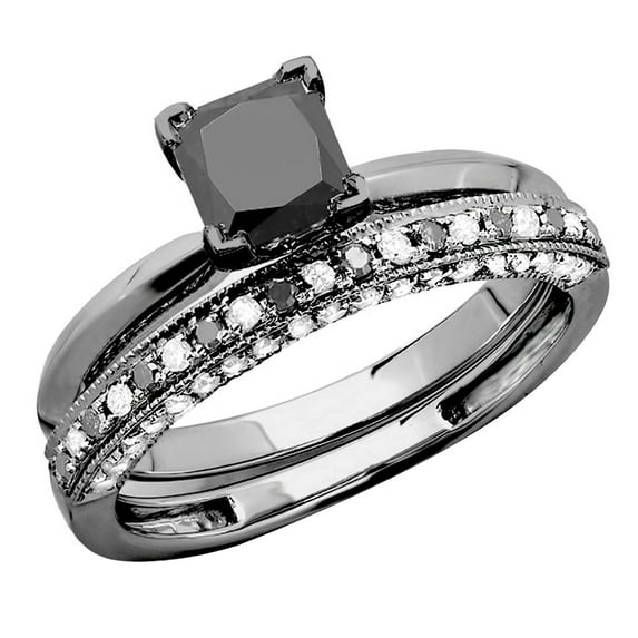 Dazzlingrock Collection Princess & Round Black and White Diamond Wedding Ring Set for Women (1.50 ctw, Color I-J, Clarity I2-I3) in Black Plated 10K White Gold, Size 7.5
